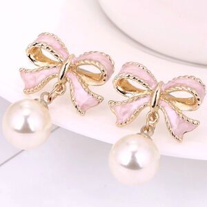 Pink Bow Pearl Earrings